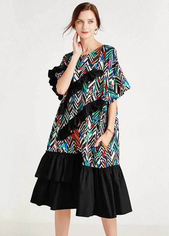 Fine Black Print O-Neck Patchwork Summer Long Dresses