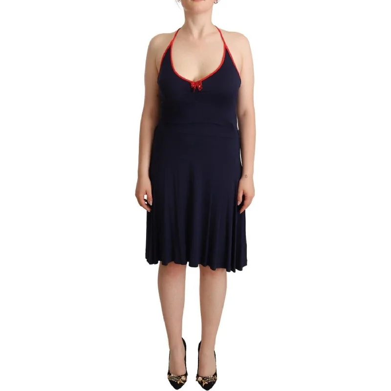 Roccobarocco Navy Blue Cotton Midi Halter Dress