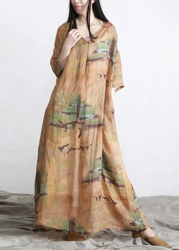 DIY Yellow Print Linen Oversize Summer Long Dress