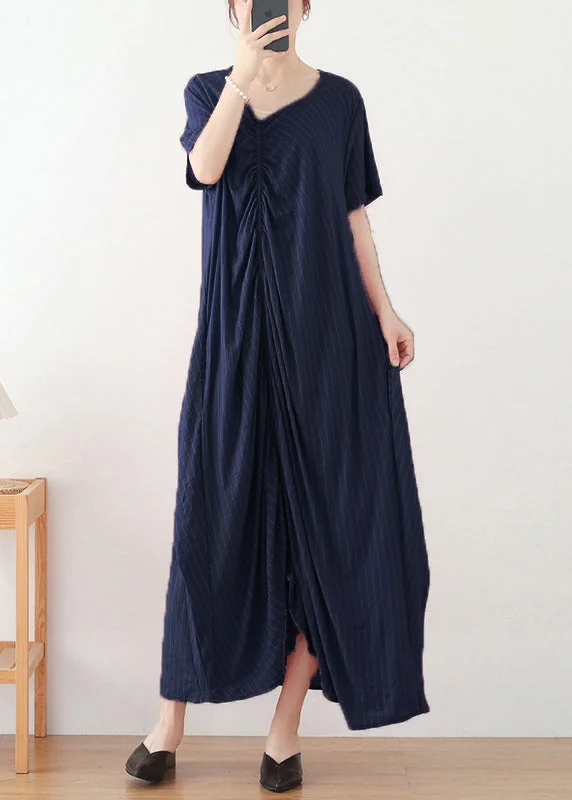 2025 Navy Asymmetrical Design Cotton Long Dress Short Sleeve