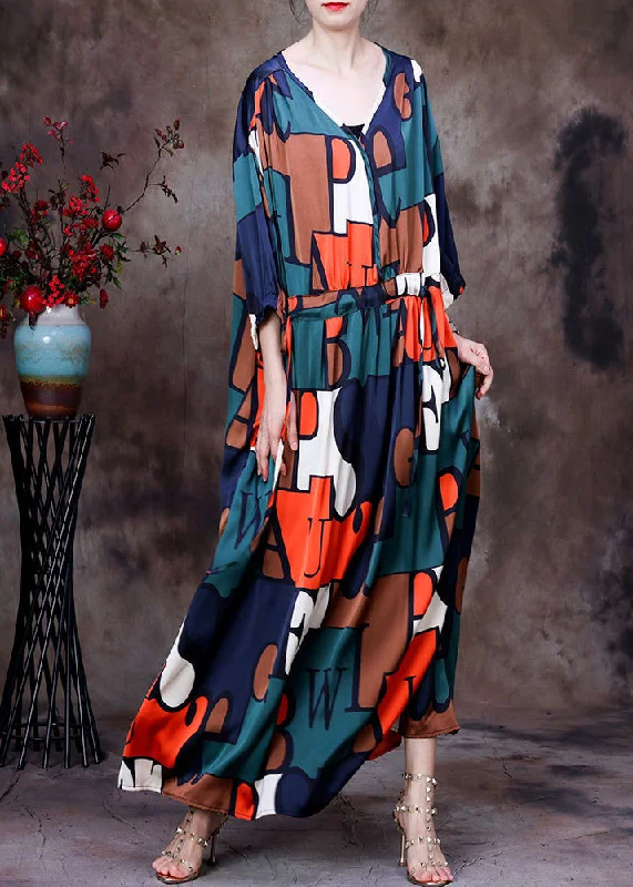 Casual Colorblock V Neck Drawstring Letter Print Chiffon Long Dresses Summer