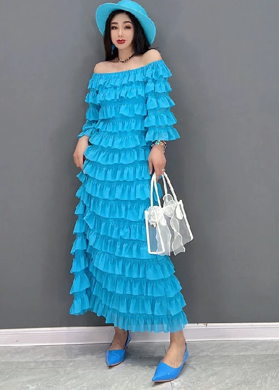 Fashion Blue Slash Neck Layered Ruffles Tulle Long Dresses Half Sleeve