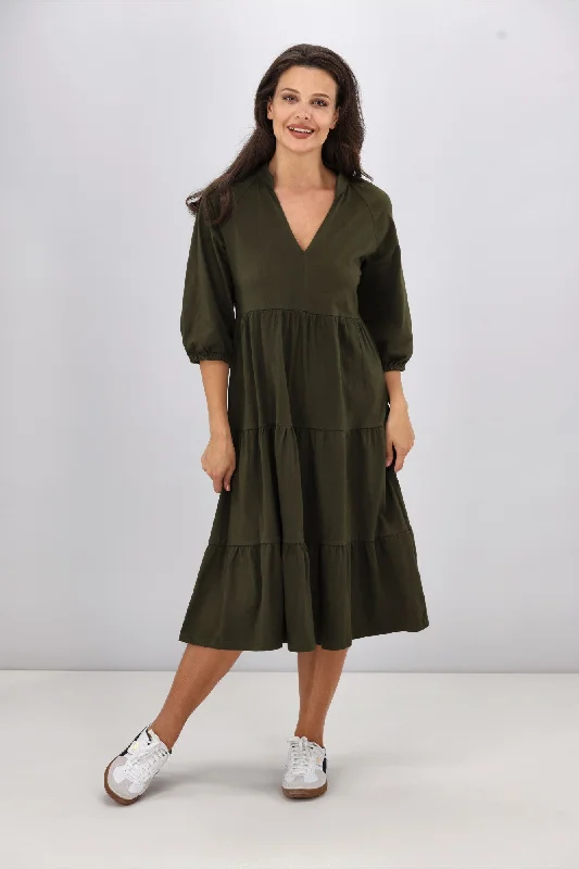 Shine On Essentials 3/4 Sleeve Tiered Dress Olive