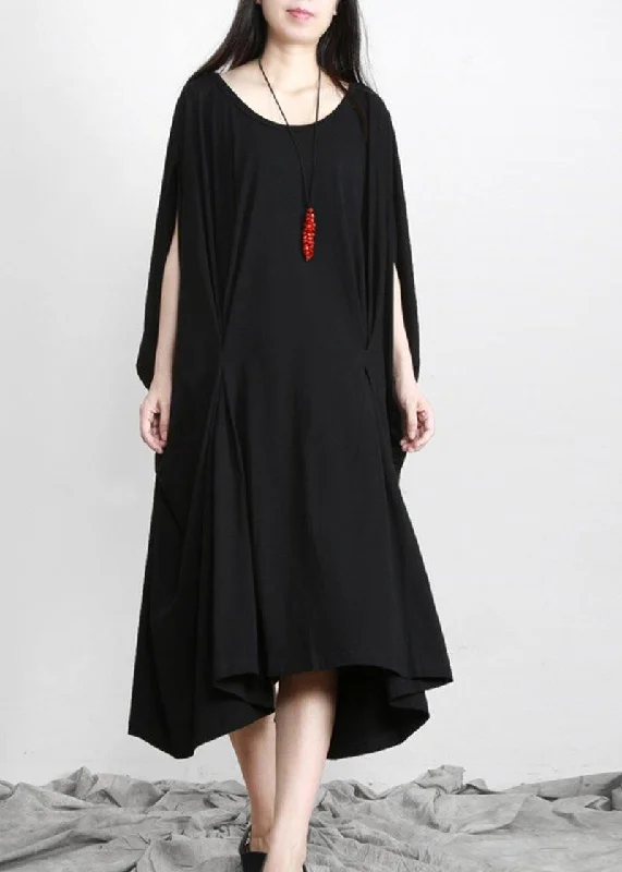 DIY Black Asymmetric Cotton Long Dress O Neck