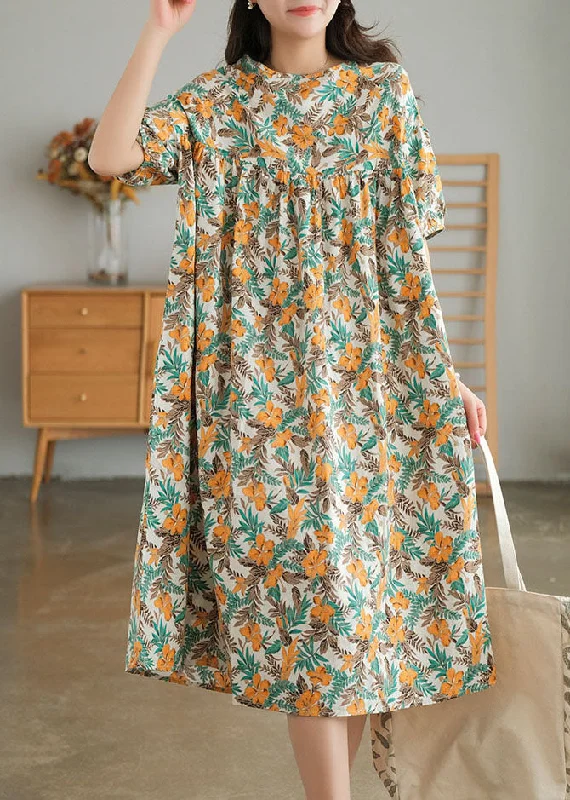 Yellow Print Cotton Vacation Dresses Wrinkled Short Sleeve