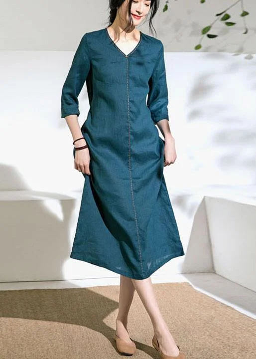 Loose Green V Necktie Waist A Line Summer Ramie Vacation Dresses