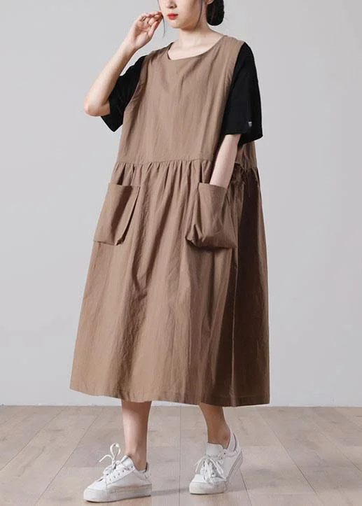 Women tie waist Khaki Cotton big hem Summer Holiday Dress