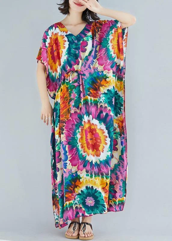Women v neck tie waist cotton Fashion Ideas purple print Dress summer