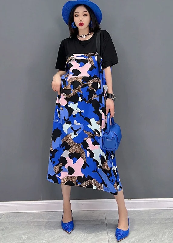 Bohemian Black Blue Patchwork Pritn Cotton Long Dresses Short Sleeve