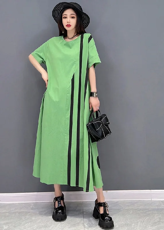 Green Striped Patchwork Cotton Vacation Dresses O-Neck Oversized Short Sleeve