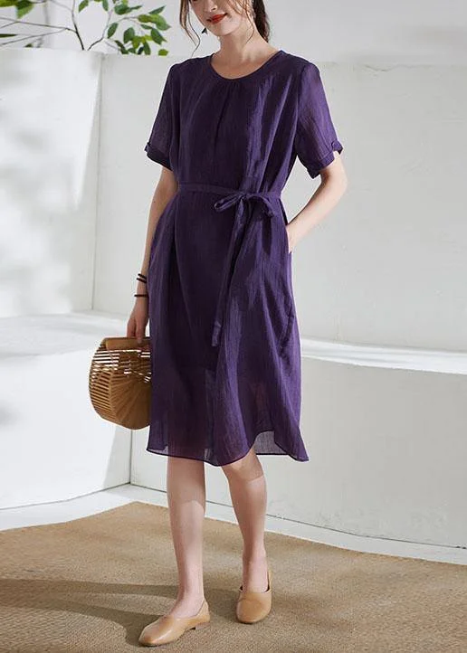 Simple Purple Tie Waist Embroideried Summer Ramie Vacation Dress