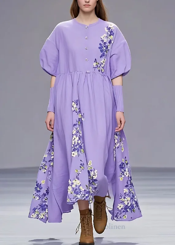 French Purple Button Print Cotton Long Dresses Summer