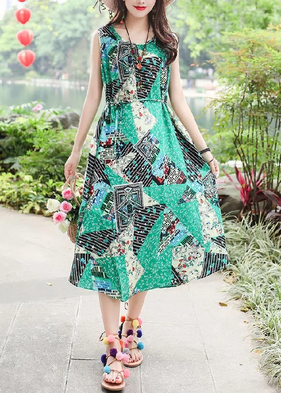 Unique sleeveless tie waist cotton quilting clothes Fashion Ideas green print long Dresses summer Unique sleeveless tie waist cotton quilting clothes Fashion Ideas green print long Dresses summer