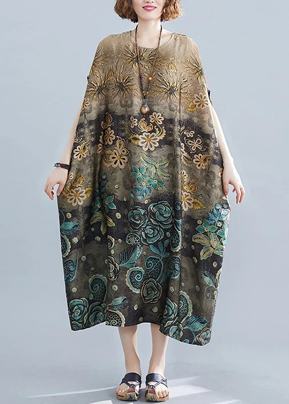Plus Size Apricot O-Neck Print Silk Long Dress Batwing Sleeve