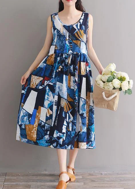 Modern blue floral linen cotton clothes For Women tie waist loose summer Dress