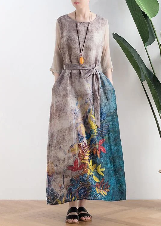 Retro style silk dress linen dress gray leaf print loose simple tie waist dress