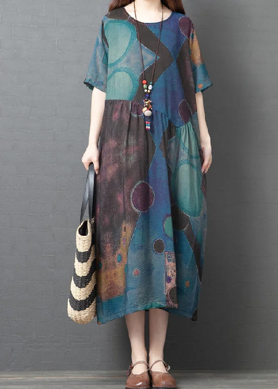 Blue Vintage Cotton Long Dresses asymmetrical design Short Sleeve