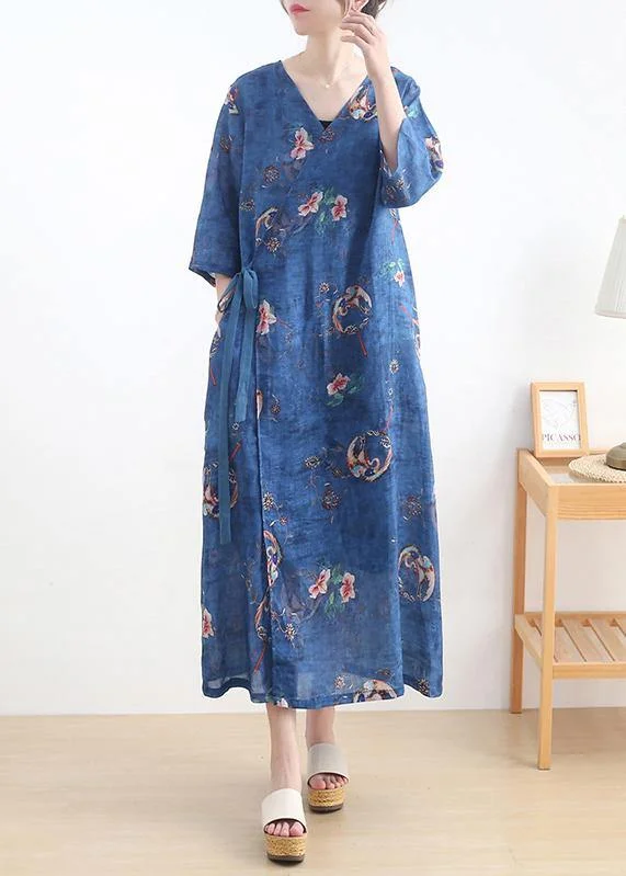 Simple Blue Print tie waist Long Dresses Summer Ramie