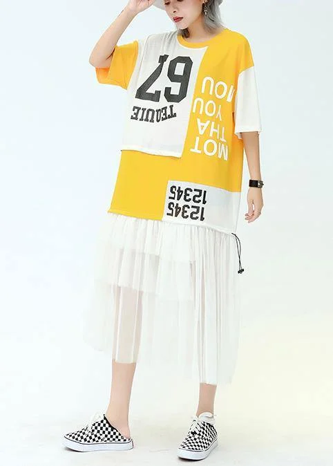 Bohemian o neck patchwork tulle cotton dress yellow print long Dresses summer