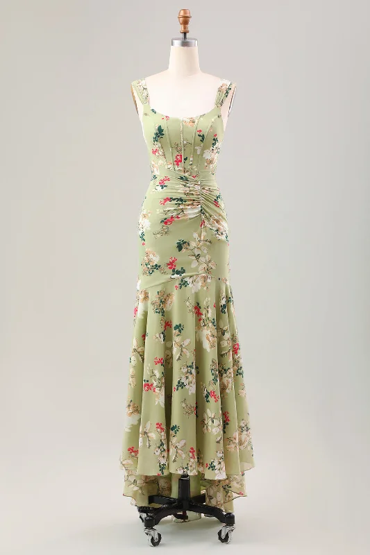 Green Large Flower Mermaid Corset Wedding Guest Dress