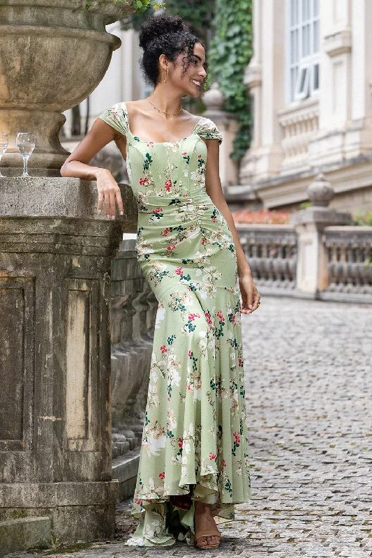 Green Large Flower Mermaid Corset Print Maxi Wedding Party Guest Dress
