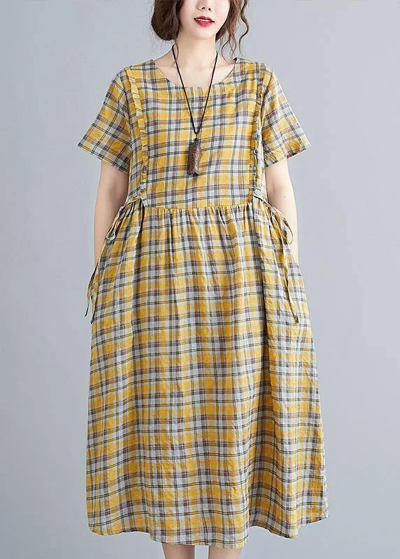 Unique o neck tie waist clothes Neckline yellow plaid loose Dress