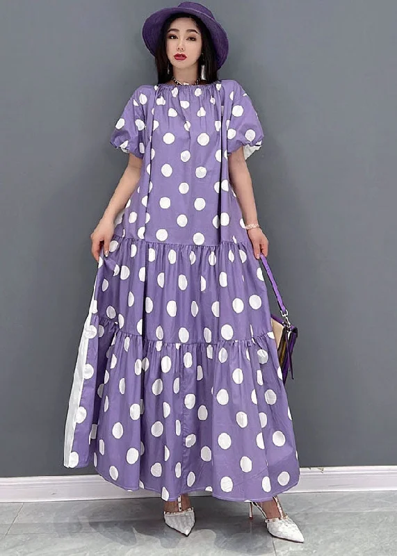 Purple Dot Print Cotton Long Dress Wear On Both sides Exra Large Hem Short Sleeve