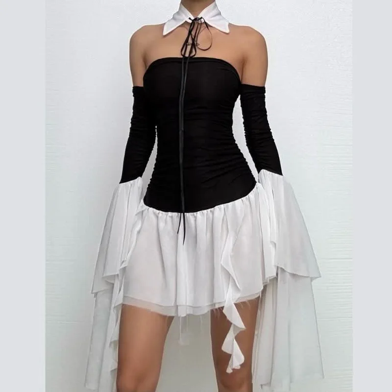 Off shoulder long sleeve mesh dress