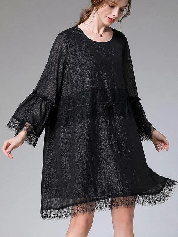 Casual Black Tie Waist Flare Sleeve Mini Summer Chiffon Dress