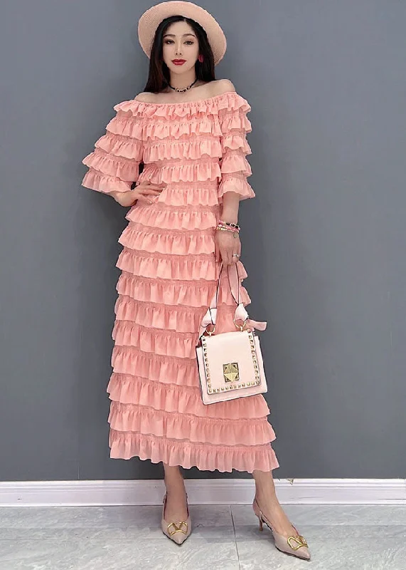 Red Ruffles Tulle Vacation Dresses Cold Shoulder Petal Sleeve