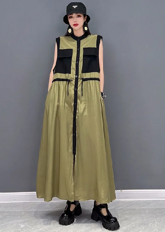 Fitted Army Green Stand Collar Patchwork Pockets Drawstring Chiffon Long Dresses Sleeveless