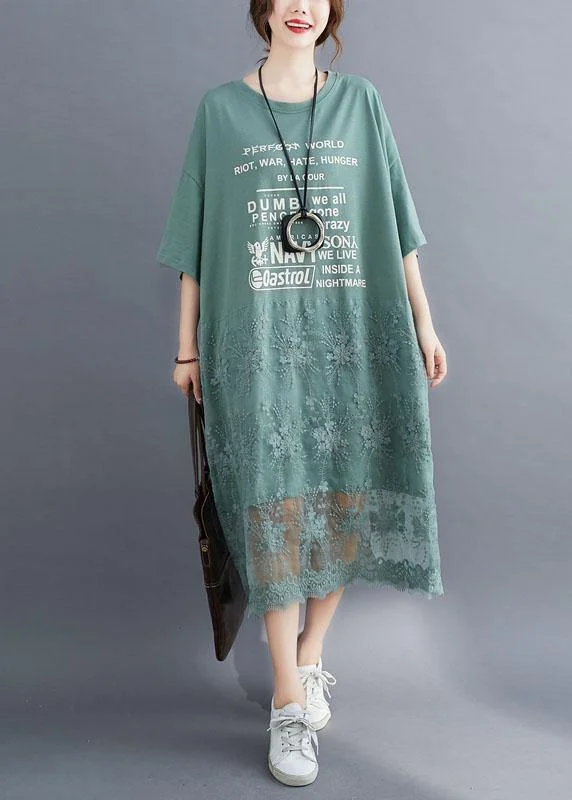 Natural Green O-Neck Graphic Summer Long Dresses Half Sleeve