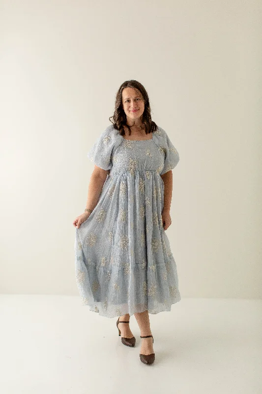 Plus 'Tamara' Embroidered Square Neck Textured Dress in Powder Blue