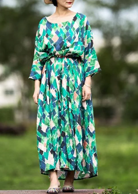 Handmade multicolor Plaid cotton clothes o neck tie waist Maxi summer Dresses