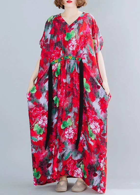 Classy V Neck Tie Waist Summer Tutorials Red Print Art Dress