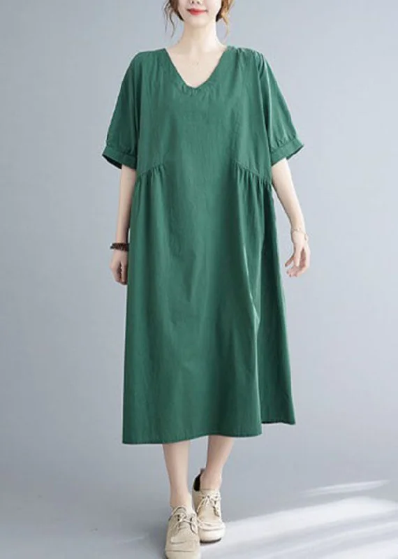 Natural Green Solid Color Patchwork Cotton Long Dress Short Sleeve