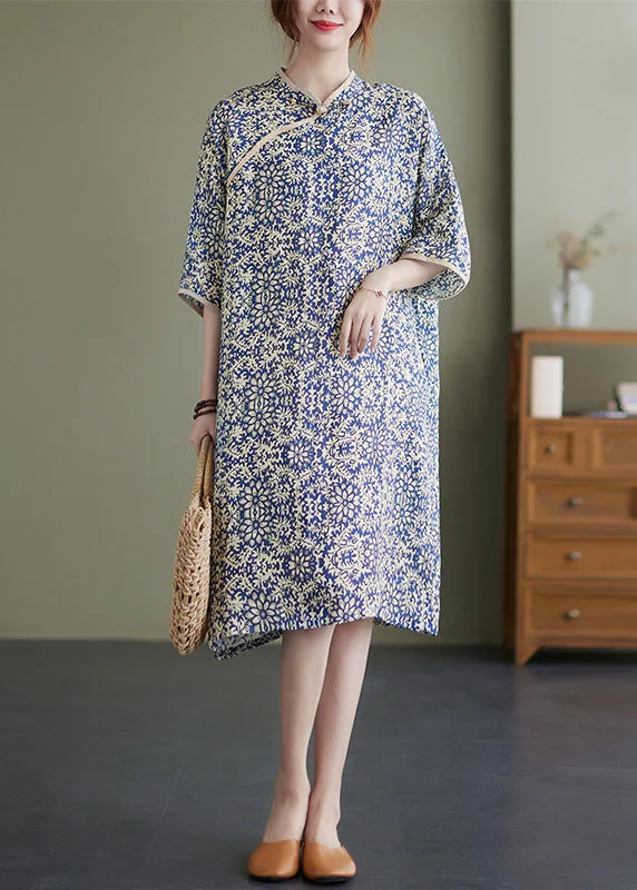 Oriental Stand Collar Pockets Print Cotton Cheongsam Dresses Half Sleeve