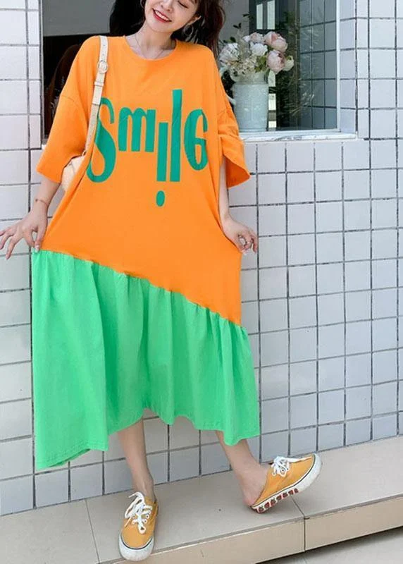 Plus Size Orange Patchwork Green Loose Graphic Summer Half Sleeve Long Dress
