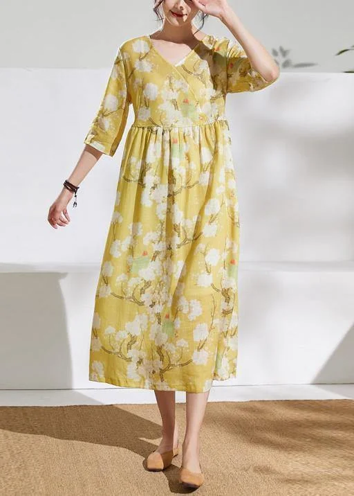 Women v neck tie waist linen summer dresses Outfits yellow print Dresses