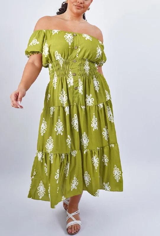 Abstract Baroque Print Shirred Waist Tiered Dress