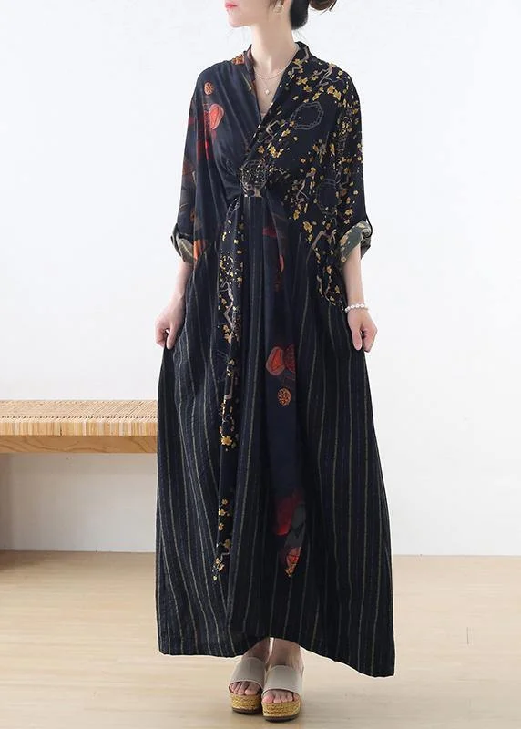 Organic Blue Print Patchwork Cotton Linen Long Dresses Summer
