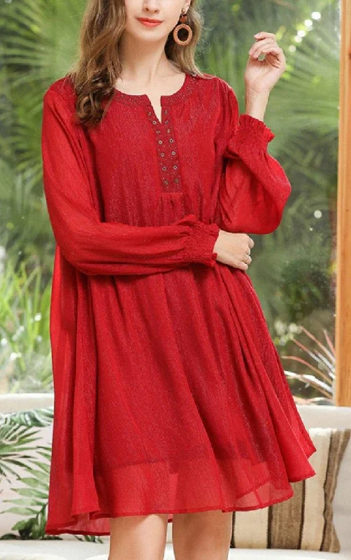 Style Red Rivet Chiffon O-Neck Summer Long Dress