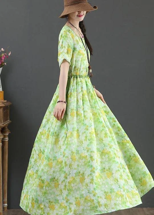 Bohemian Green Print Linen tie waist Summer Dress