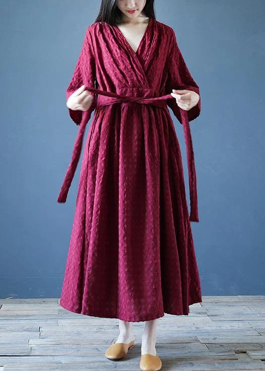 Chic v neck tie waist linen clothes For Women Runway burgundy Dress