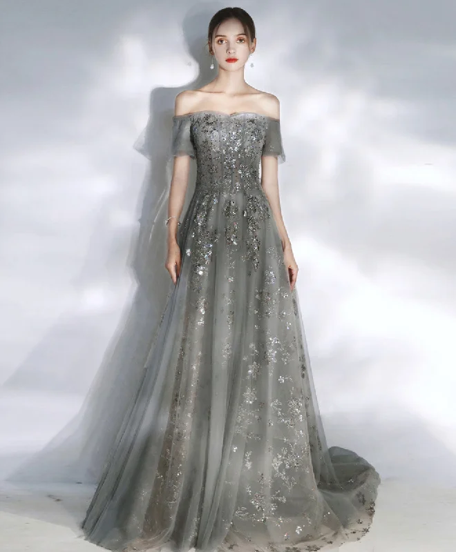 Gray Tulle Sequin Long Prom Dress Tulle Formal Dress