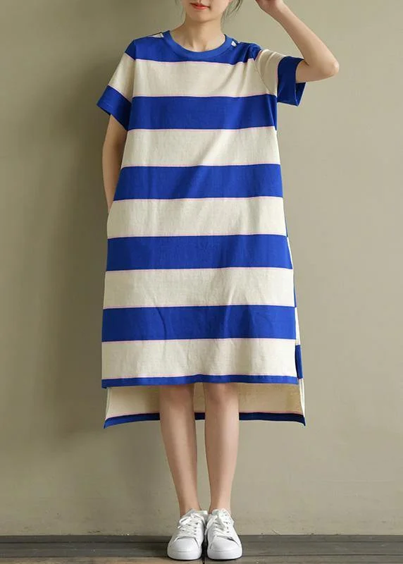 Elegant blue white striped Cotton dress o neck low high design baggy summer Dress