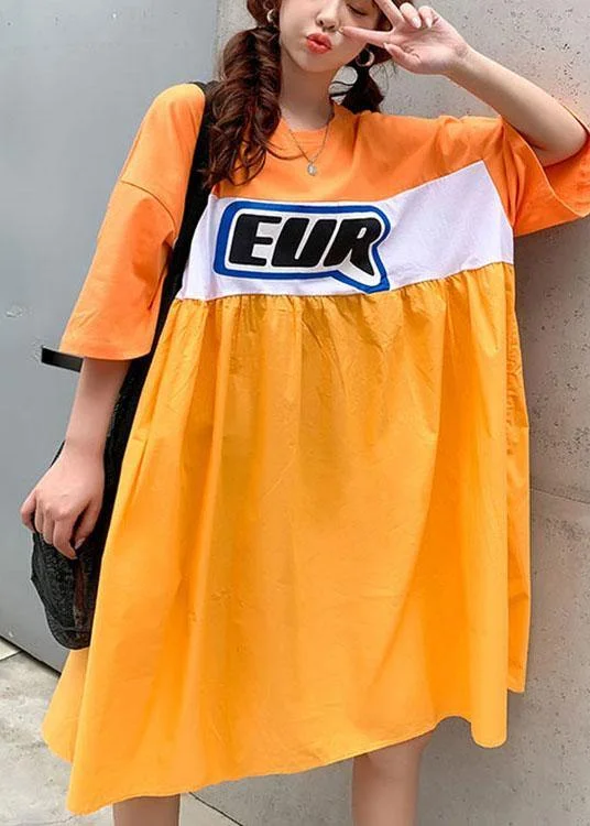 Plus Size Orange White Patchwork Yellow O-Neck Summer Graphic Half Sleeve Long Dresses