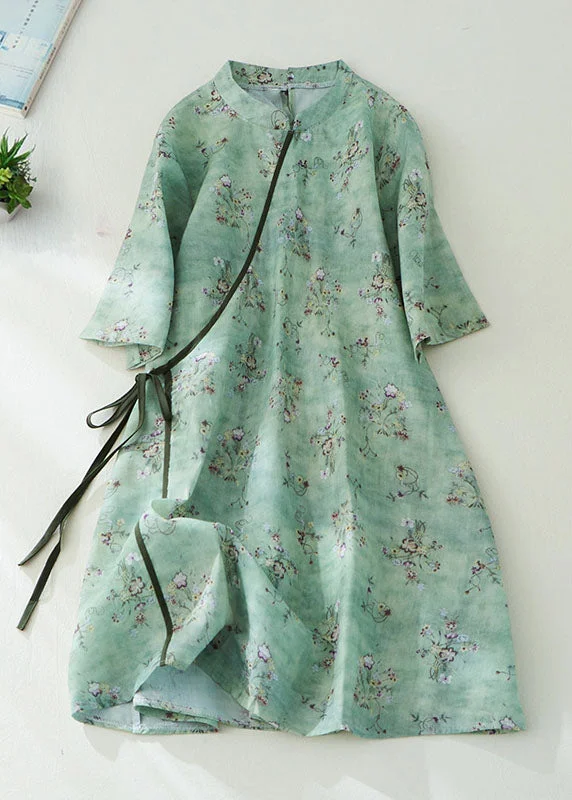 Green Print Linen Mid Dress Mandarin Collar Tie Waist Half Sleeve