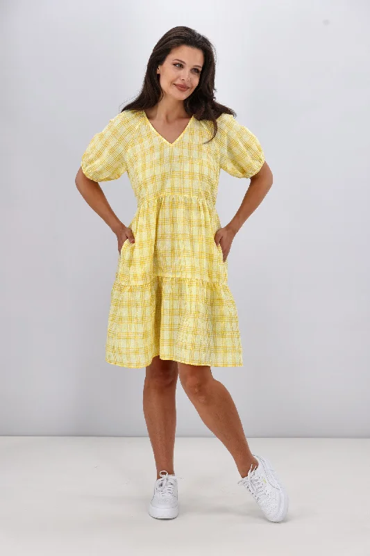 Shine On Label Hampshire Check Tier Dress Yellow