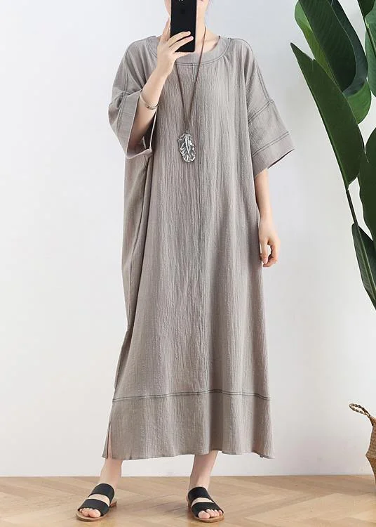 Women gray linen clothes o neck baggy Dresses summer Dresses